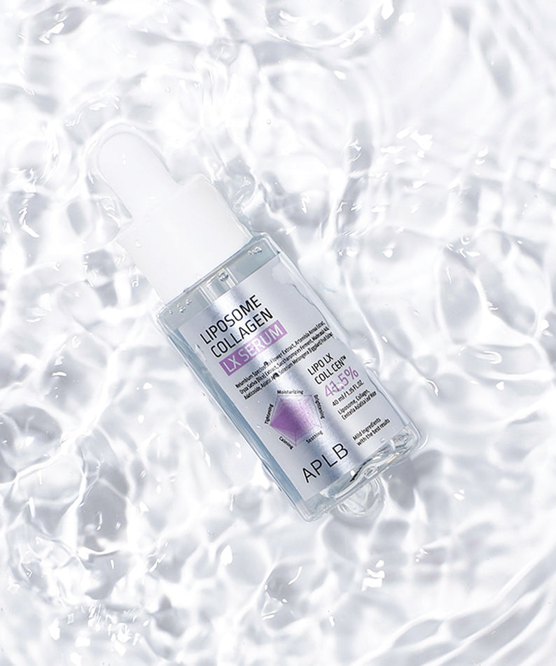 APLB Liposome Collagen LX Serum 40ml de la marque APLB, flacon sur fond blanc et bulles, produit de soin visage