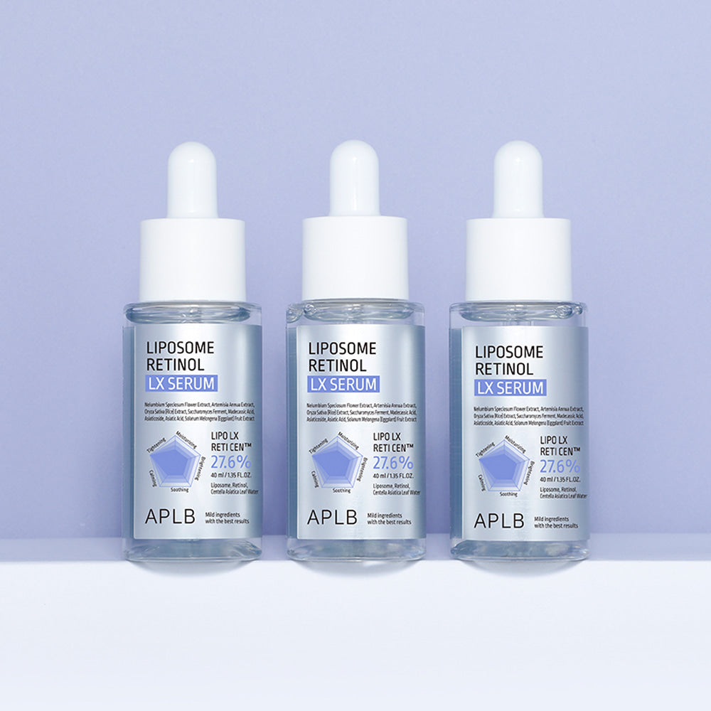 APLB Liposome Retinol LX Serum 40ml, bouteille et flacons sur fond bleu clair, produit de la marque APLB