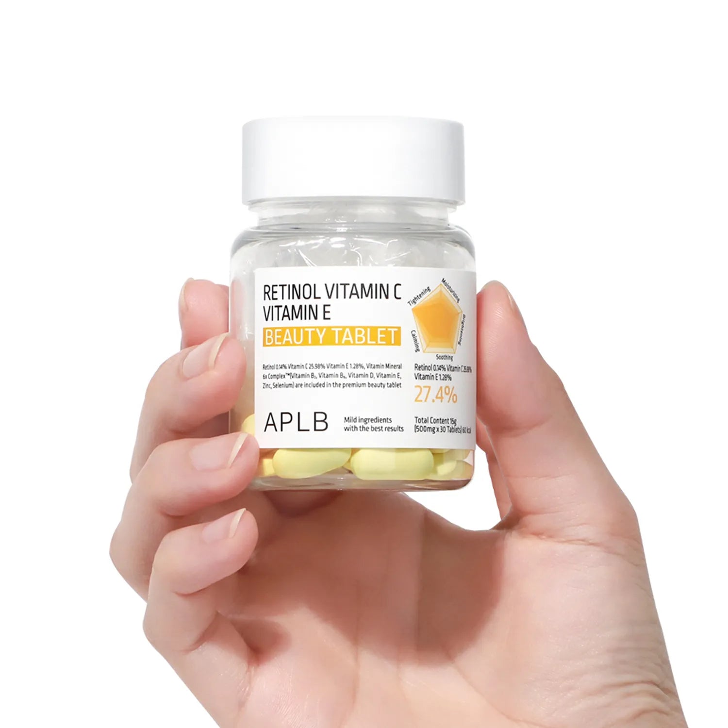 Main tenant APLB Retinol Vitamin C Vitamin E Beauty Tablet, vue produit sur fond clair, marque APLB visible