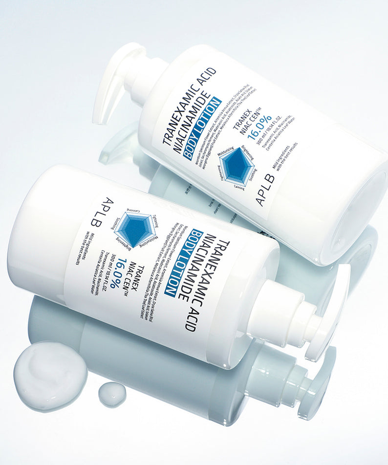 APLB Tranexamic Acid Niacinamide Body Lotion par APLB, bouteilles sur fond clair avec flacons cosmétique et logo, visuel produit.