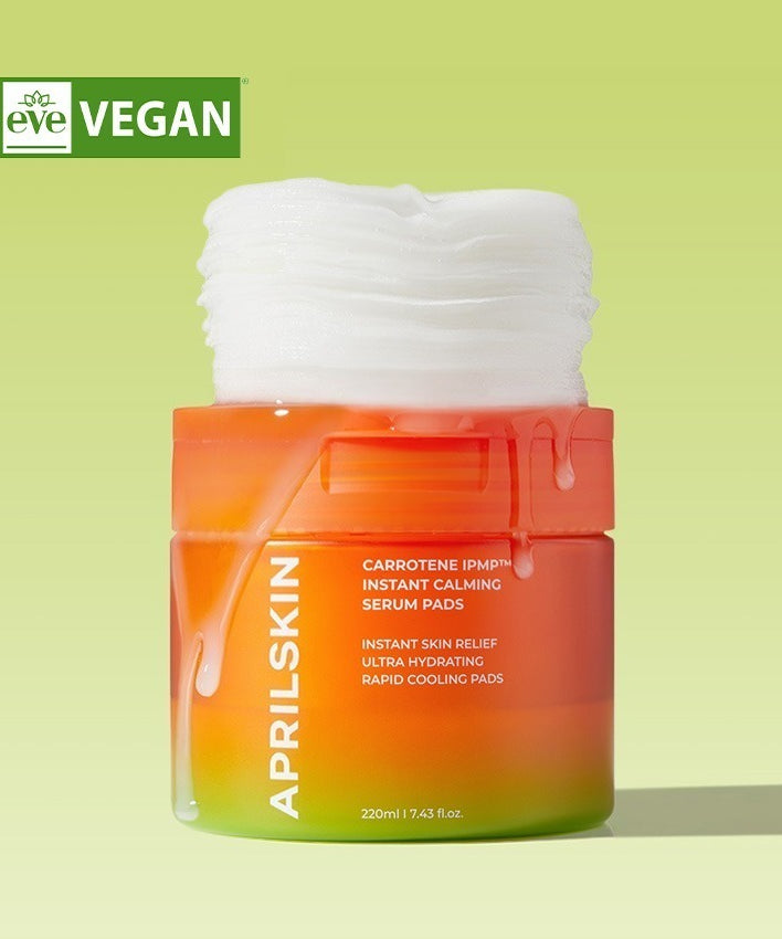 APRILSKIN Carrotene IPMP Inatant Calming Serum Pad, produit vegan hydratant et apaisant.