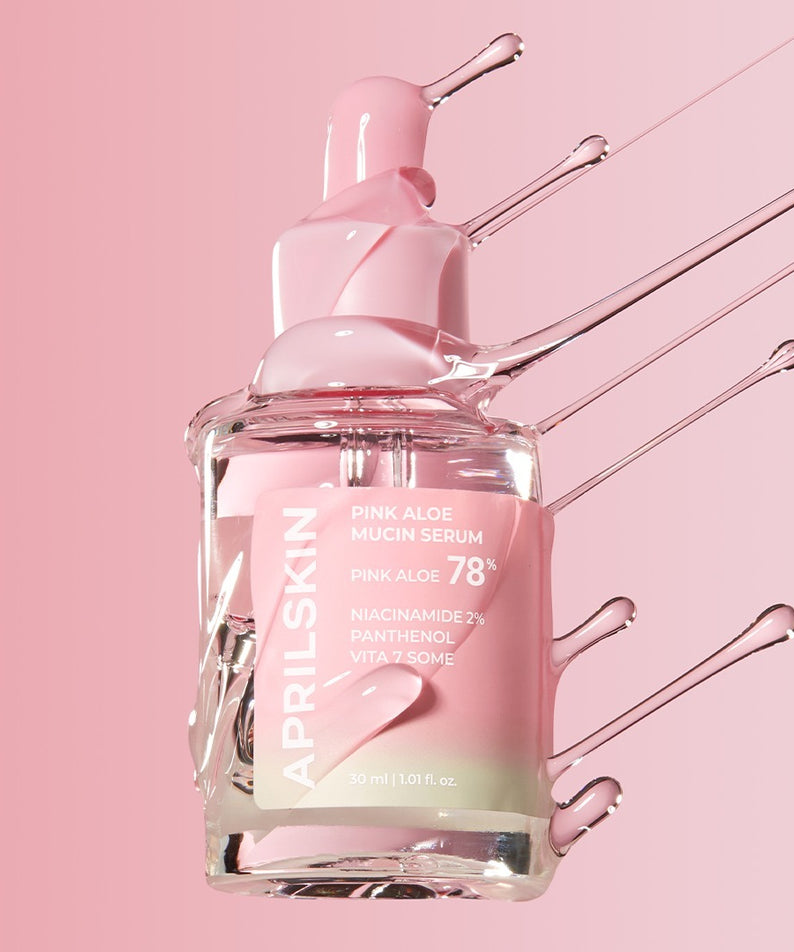 APRILSKIN Pink Aloe Mucin Serum hydratant, soin visage éclatant, bouteille rose élégante.