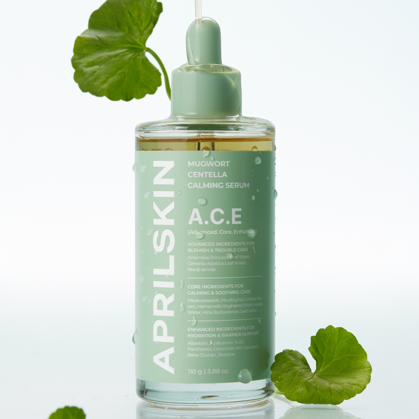 APRILSKIN Centella Calming Ampoule 110g par APRILSKIN, flacon vert sur fond clair avec feuilles de centella