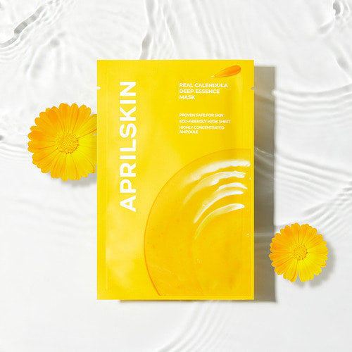 APRILSKIN Real Calendula Deep Essence Mask de la marque APRILSKIN, emballage jaune sur fond blanc avec fleurs de calendula.