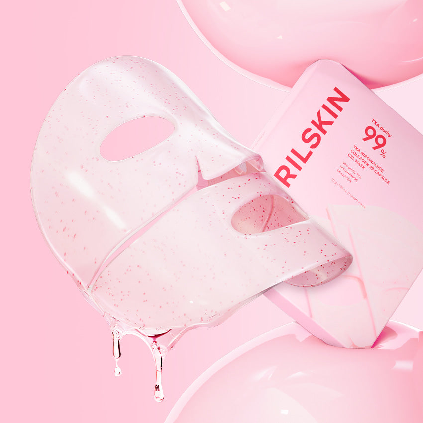 APRILSKIN TXA Niacinamide Collagen 99 Capsule Gel Mask 4 Sheets, marque APRILSKIN, masque en capsule sur fond rose pastel.