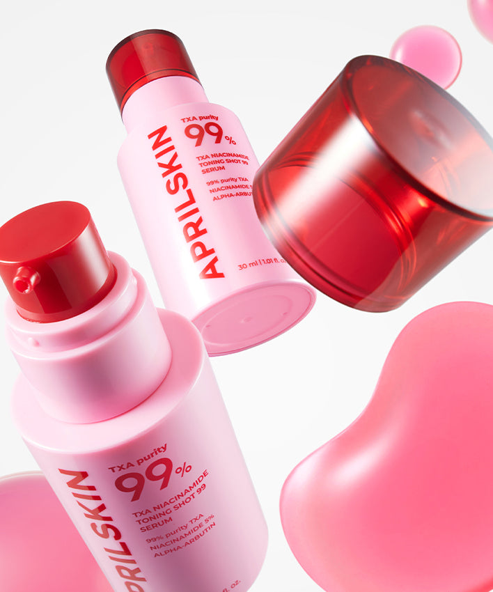 APRILSKIN TXA Niacinamide Toning Shot 99 Serum 30ml de la marque APRILSKIN, flacons roses rouges sur fond blanc