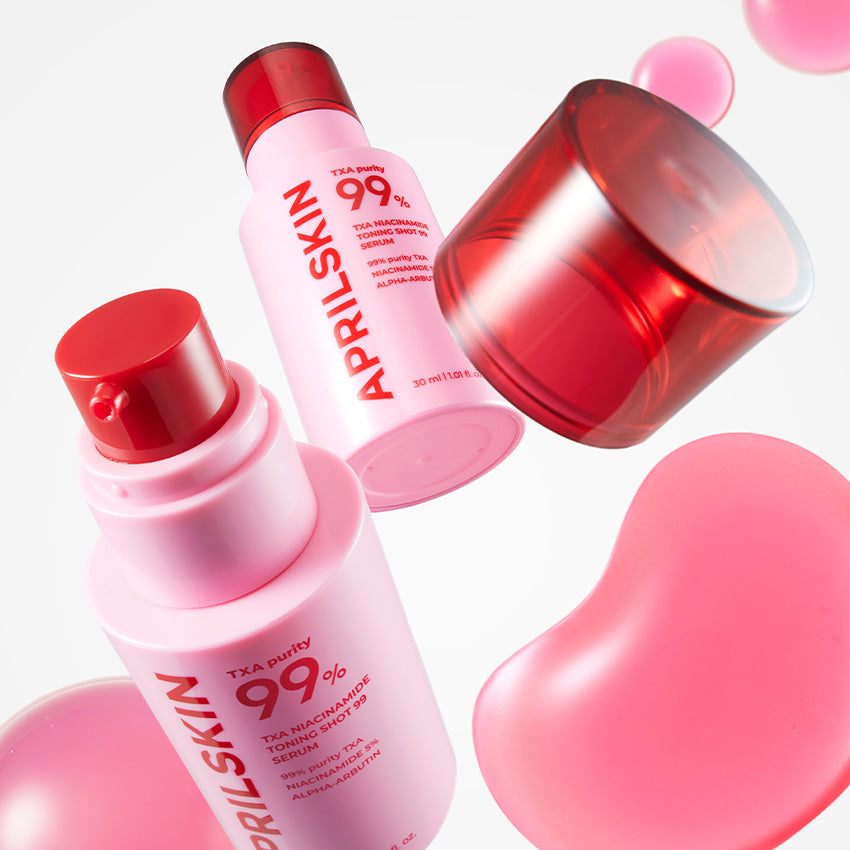 APRILSKIN TXA Niacinamide Toning Shot 99 Serum 30ml de la marque APRILSKIN, flacons roses rouges sur fond blanc