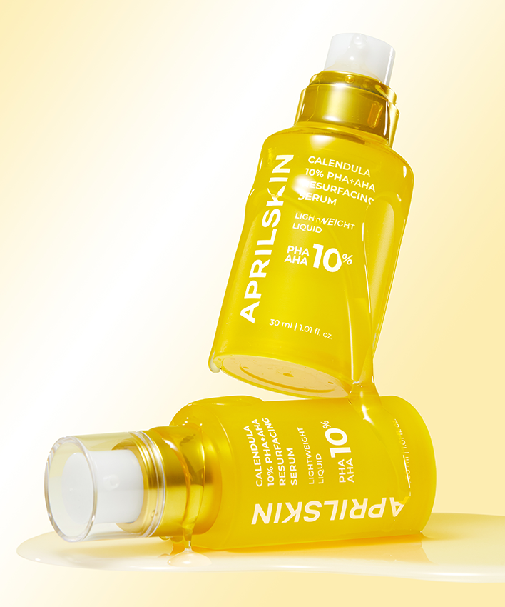 APRILSKIN Calendula 10% PHA+AHA Resurfacing Serum 30ml, flacon jaune de la marque APRILSKIN sur fond clair