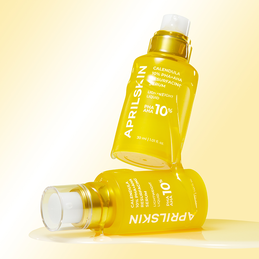 APRILSKIN Calendula 10% PHA+AHA Resurfacing Serum 30ml, flacon jaune de la marque APRILSKIN sur fond clair