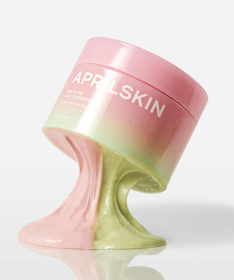 Décris l’image en français : APRILSKIN Pink Aloe Pack Cleanser, pot rose à effet dégradé, sur fond blanc.