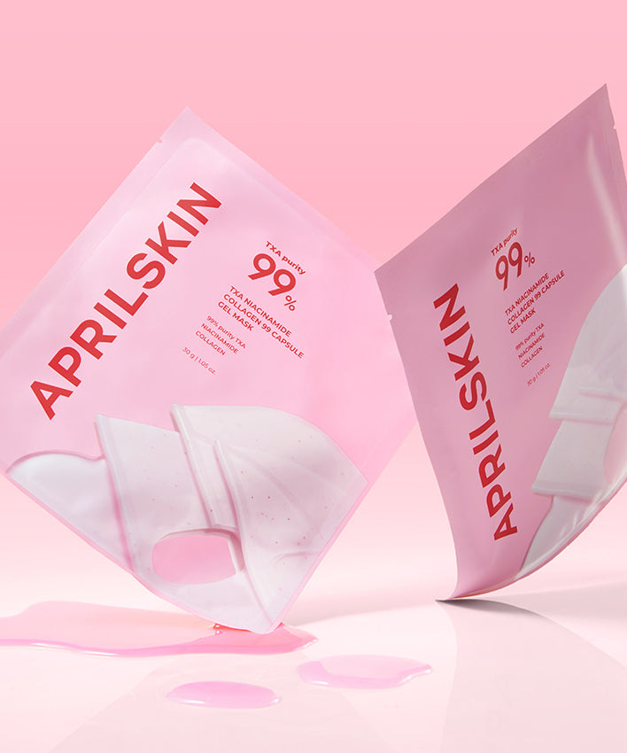 APRILSKIN TXA Niacinamide Collagen 99 Capsule Gel Mask 4 Sheets exposé sur fond rose.