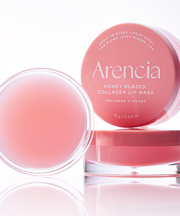 ARENCIA  Honey Glazed Collagen Lip Mask 15g : pot cosmétique de la marque Arencia, gelée miel, fond blanc clair.