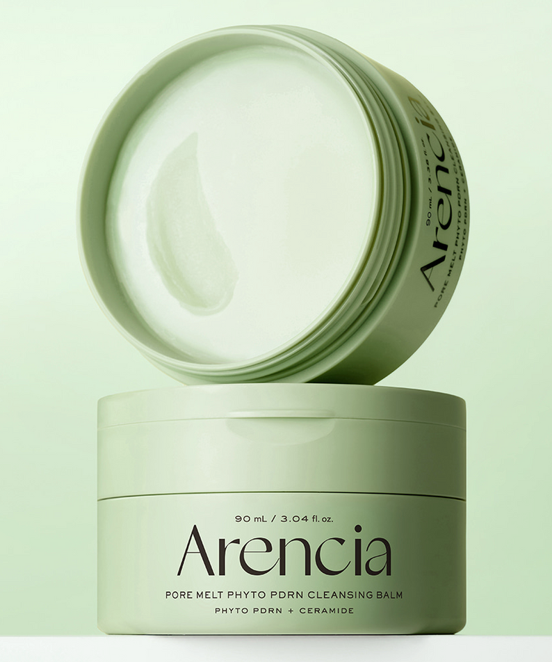 ARENCIA Pore Melt Phyto PDRN Cleansing Balm 90ml, pot crème vert sur fond clair, produit de la marque Are ncia
