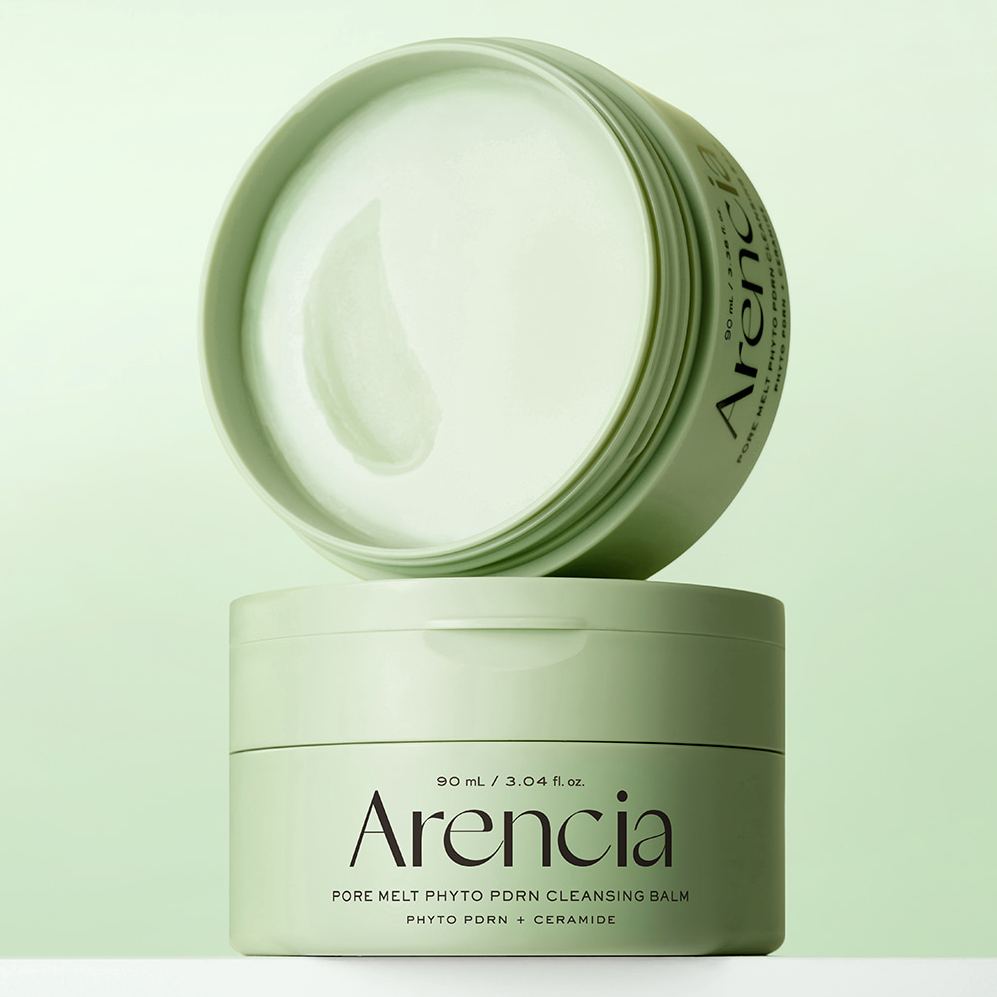 ARENCIA Pore Melt Phyto PDRN Cleansing Balm 90ml, pot crème vert sur fond clair, produit de la marque Are ncia