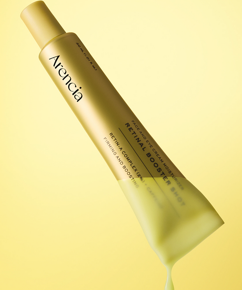 ARENCIA Retin-A Booster Shot 30ml, flacon doré sur fond jaune, mise en scène beauté, marque Arecia