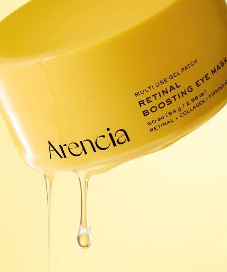 ARENCIA Retin-A Boosting Eye Mask 60ea, masque gel contour des yeux jaune Arecia, gros plan sur l’étiquette.