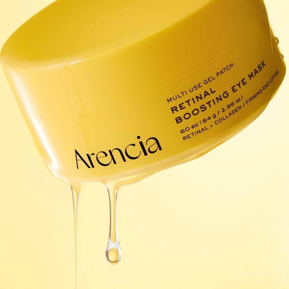 ARENCIA Retin-A Boosting Eye Mask 60ea, masque gel contour des yeux jaune Arecia, gros plan sur l’étiquette.