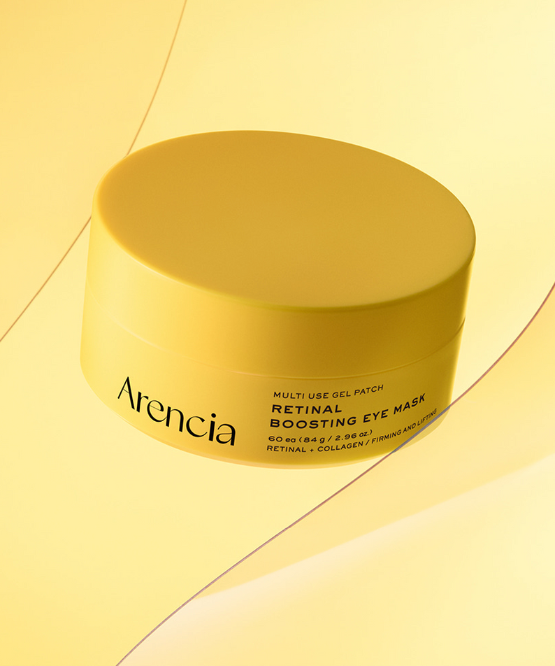 ARENCIA Retin-A Boosting Eye Mask 60ea, pot de masques yeux, marque ARENCIA sur fond jaune pastel.
