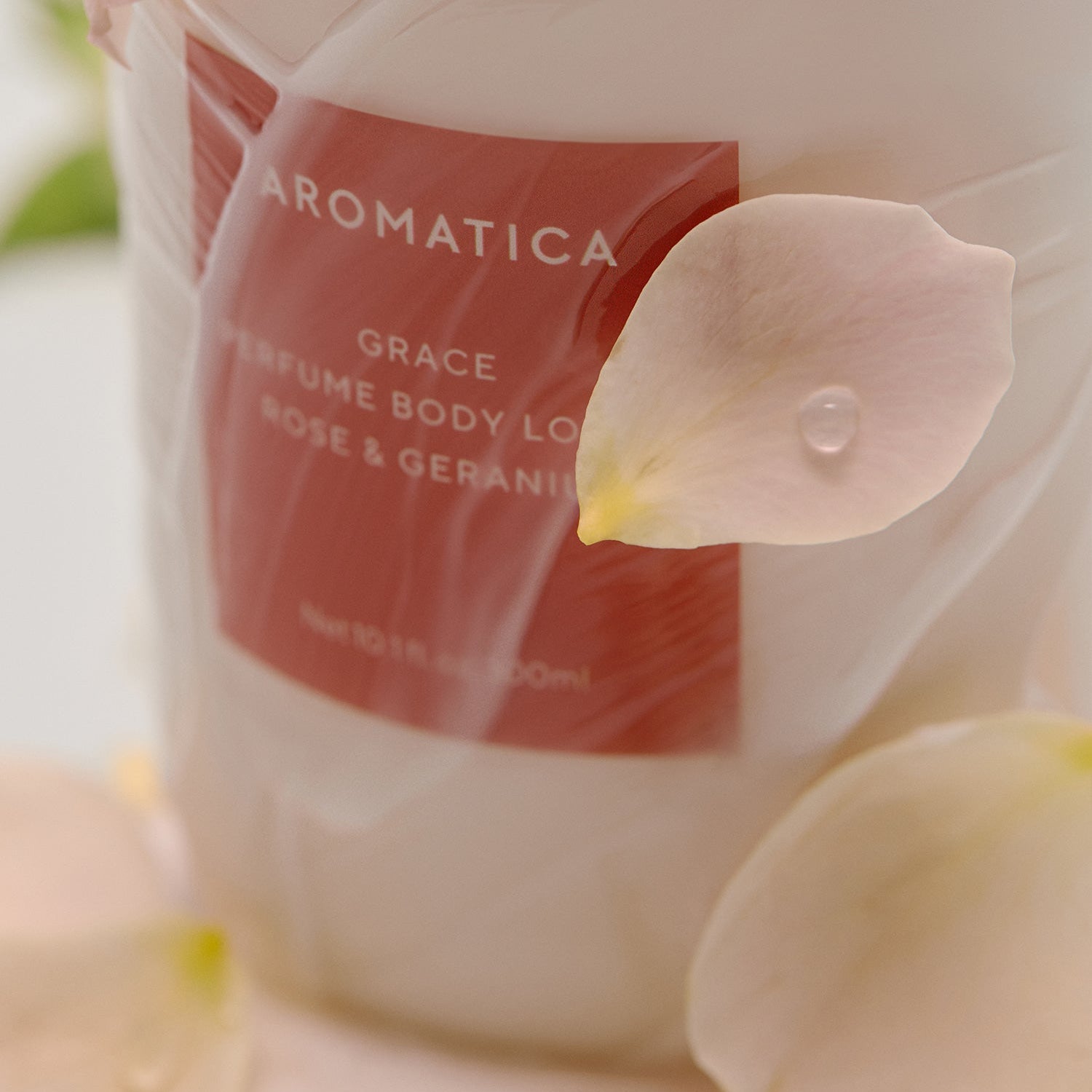 Décris l'image en français en mentionnant le produit, la marque et le contexte visuel : AROMATICA Grace Perfume Body Lotion Rose & Geranium 300ML