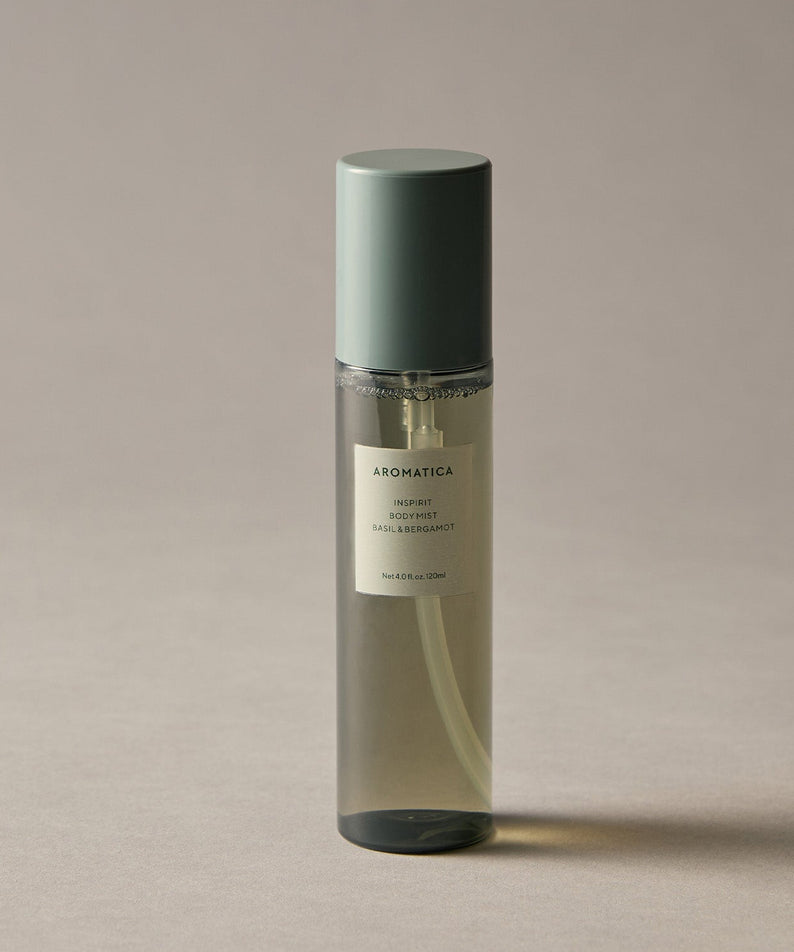 AROMATICA Inspirit Body Mist Basil & Bergamot 120ML, brume pour le corps AROMATICA sur fond clair, visuel produit