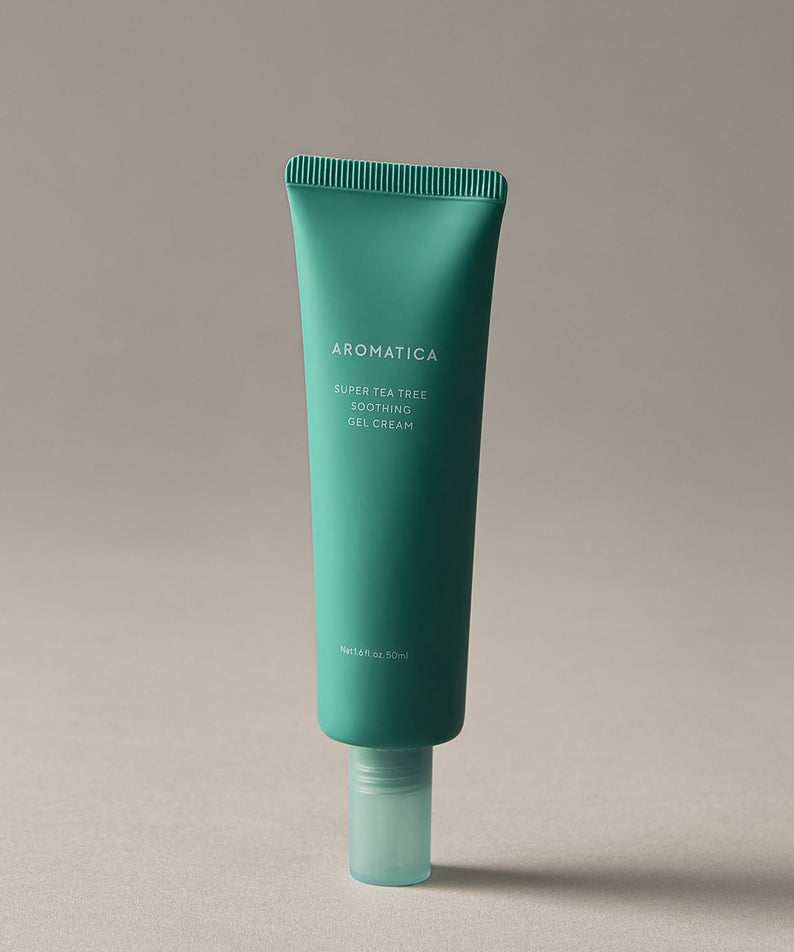 AROMATICA Super Tea Tree Soothing Gel Cream 50ML : gel-crème vert en tube sur fond clair, présentation produit de la marque.