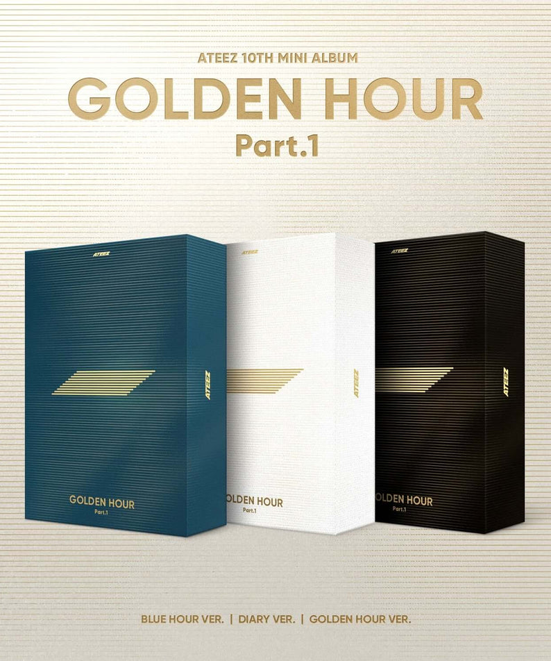 ATEEZ - 10th Album [GOLDEN HOUR : Part.1] (Set of 3) - Album Kpop, coffret de 3 versions sur fond rayé.