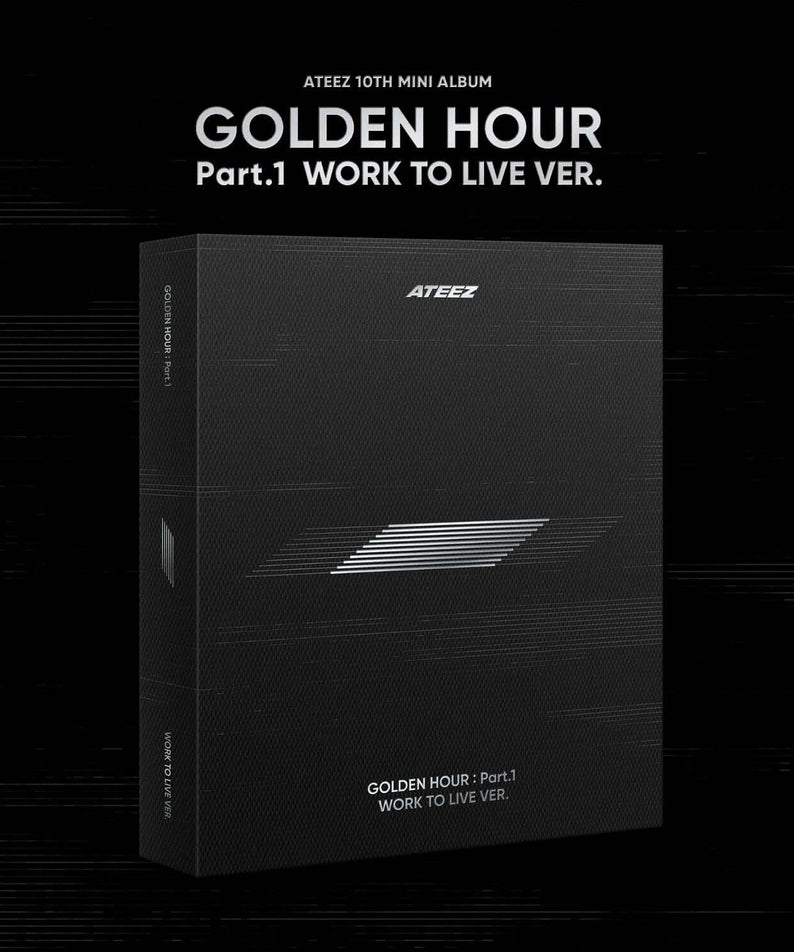 ATEEZ - 10th Album [GOLDEN HOUR : Part.1 ‘WORK TO LIVE VER.’] - Album Kpop, boîtier noir, visuel moderne en studio.