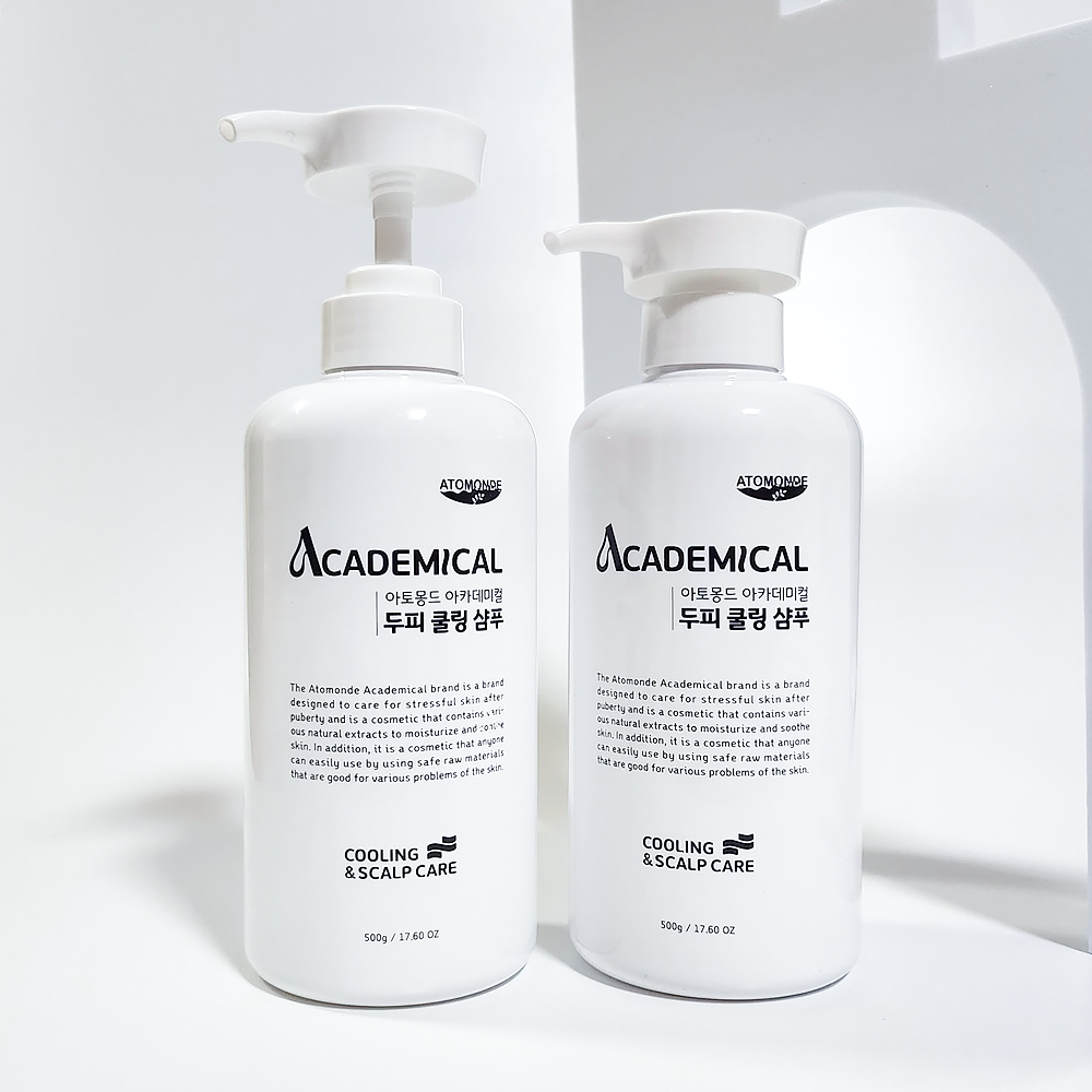 ATOMANDE Academic Scalp Cooling Shampoo 500ml de la marque ATOMANDE, flacons blancs sur fond minimal, contexte visuel soins capillaires