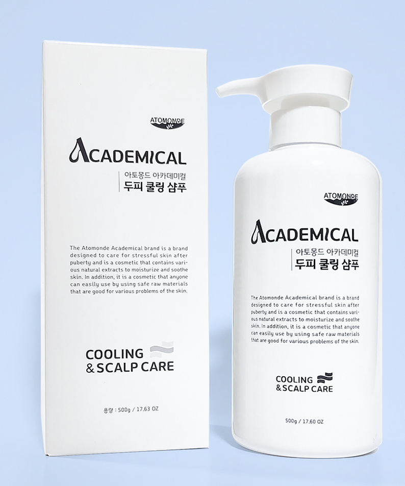 ATOMANDE Academic Scalp Cooling Shampoo 500ml : flacon blanc et boîte sur fond bleu ciel, marque ATOMONDE, soin frais du cuir chevelu.