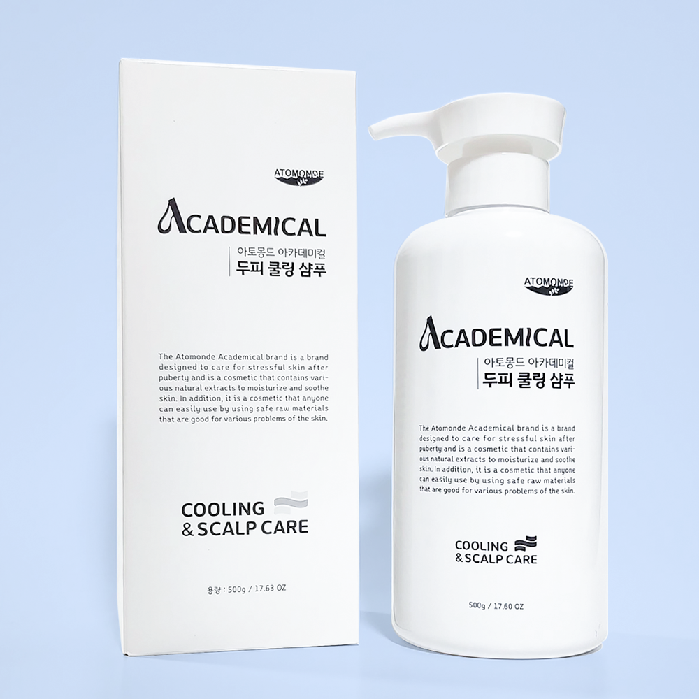 ATOMANDE Academic Scalp Cooling Shampoo 500ml : flacon blanc et boîte sur fond bleu ciel, marque ATOMONDE, soin frais du cuir chevelu.
