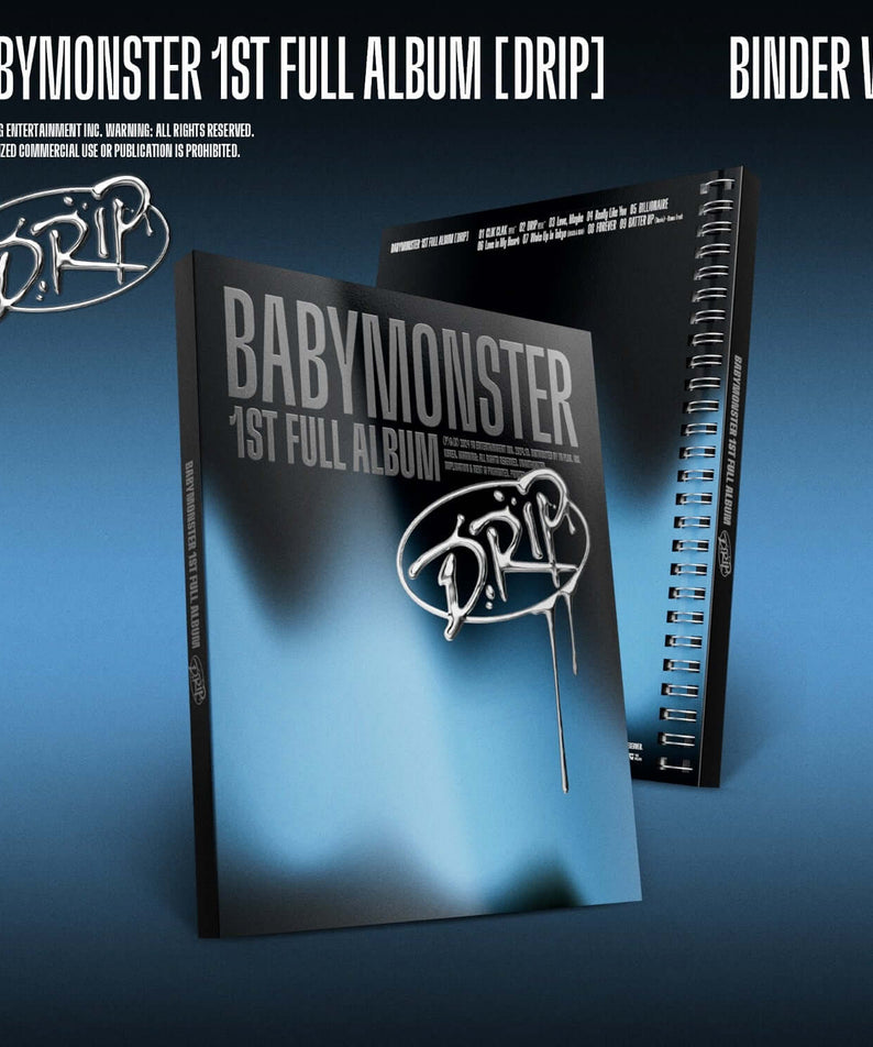 BABYMONSTER - 1st FULL ALBUM [DRIP] (BINDER Ver.) - Album Kpop, boîtiers et jaquette sur fond bleu, style DRIP.