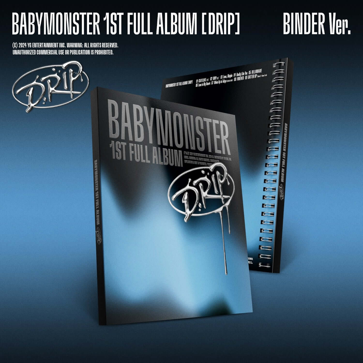 BABYMONSTER - 1st FULL ALBUM [DRIP] (BINDER Ver.) - Album Kpop, boîtiers et jaquette sur fond bleu, style DRIP.