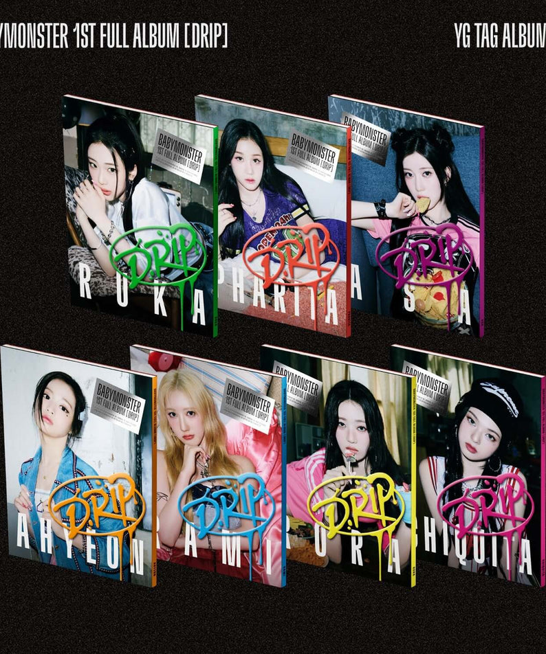 BABYMONSTER - 1st FULL ALBUM [DRIP] (YG TAG ALBUM Ver.) (7 1 ) - Album Kpop : couverture et photos membres sur fond sombre
