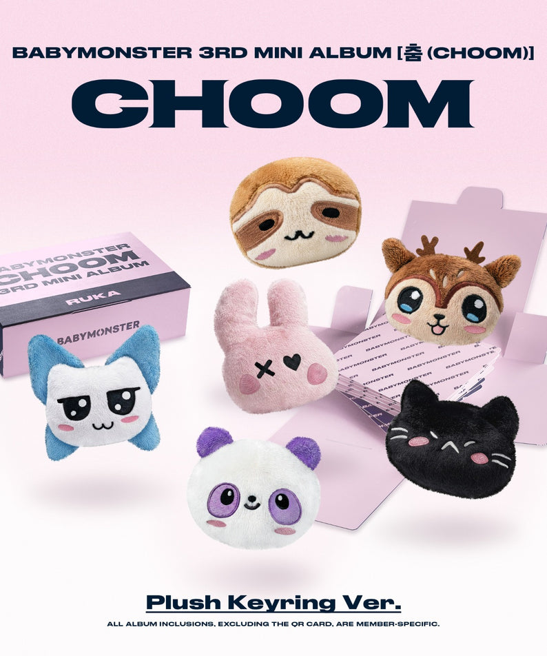 BABYMONSTER - 3rd MINI ALBUM [CHOOM] Plush Keyring Ver._SET - Album Kpop, set de 3 porte-clés peluche sur fond rose