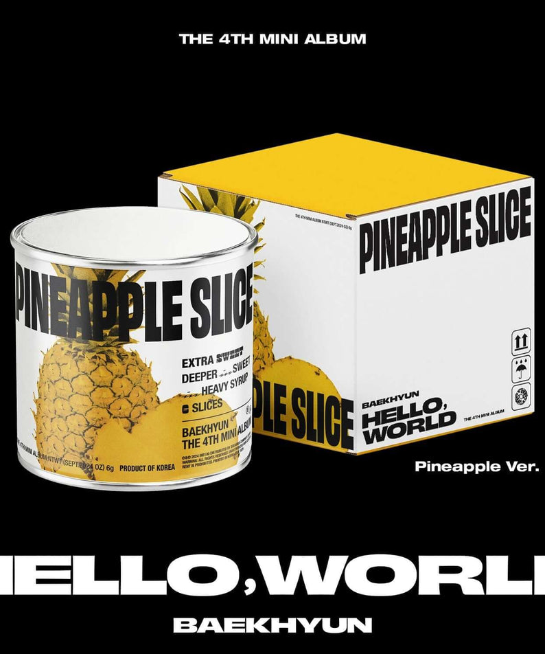 BAEKHYUN - 4th Album [Hello, World] (Pineapple Ver.) - Album Kpop avec boîte et pot, visuel ananas jaune/white.