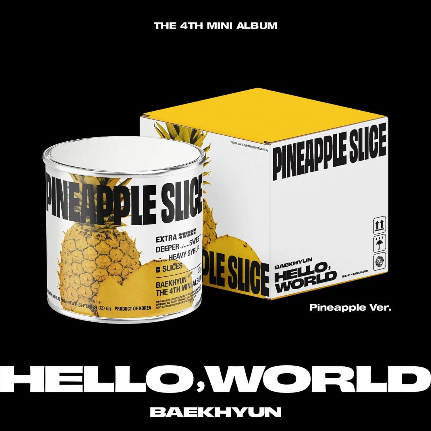BAEKHYUN - 4th Album [Hello, World] (Pineapple Ver.) - Album Kpop avec boîte et pot, visuel ananas jaune/white.