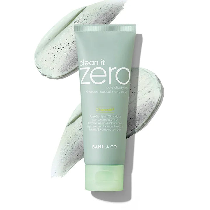 BANILA CO Clean It Zero Charcoal Capsule Pore Clay Mask 100g, tube au charbon, éclaboussures et concept skincare, brand visible
