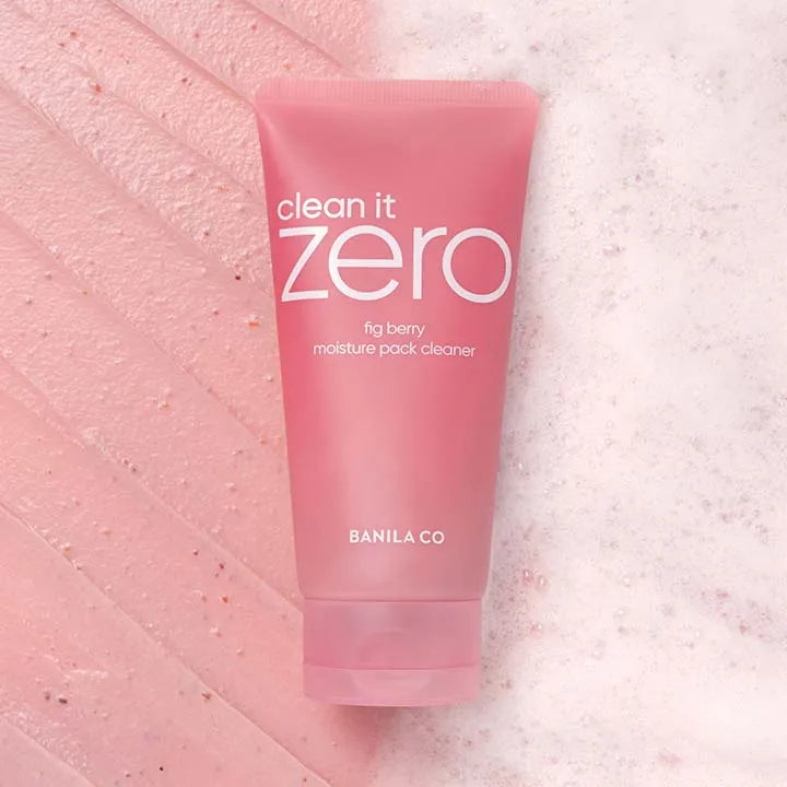 BANILA CO Clean It Zero Figberry Moisture Pack Cleanser 180g, tube sur fond rose texturé, marque clean it zero