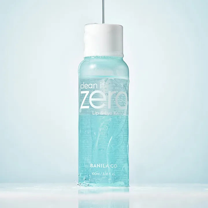 BANILA CO Clean It Zero Lip & Eye Remover 100ml : flacon turquoise sur fond clair, solution démaquillante yeux et lèvres.