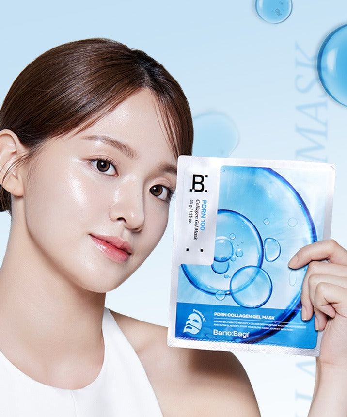 BANOBAGI PDRN Collagen Gel Mask 4 sheets, masque en gel à bulles, femme maquillage léger, fond bleu, marque Banobagi