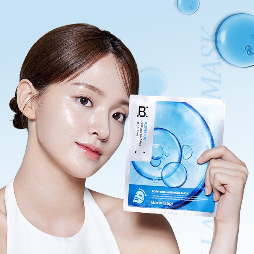BANOBAGI PDRN Collagen Gel Mask 4 sheets, masque en gel à bulles, femme maquillage léger, fond bleu, marque Banobagi