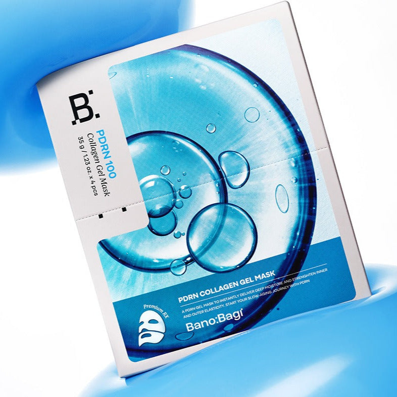 BANOBAGI PDRN Collagen Gel Mask 4 sheets, boîte de masque collagène sur fond bleu, style beauté spa.