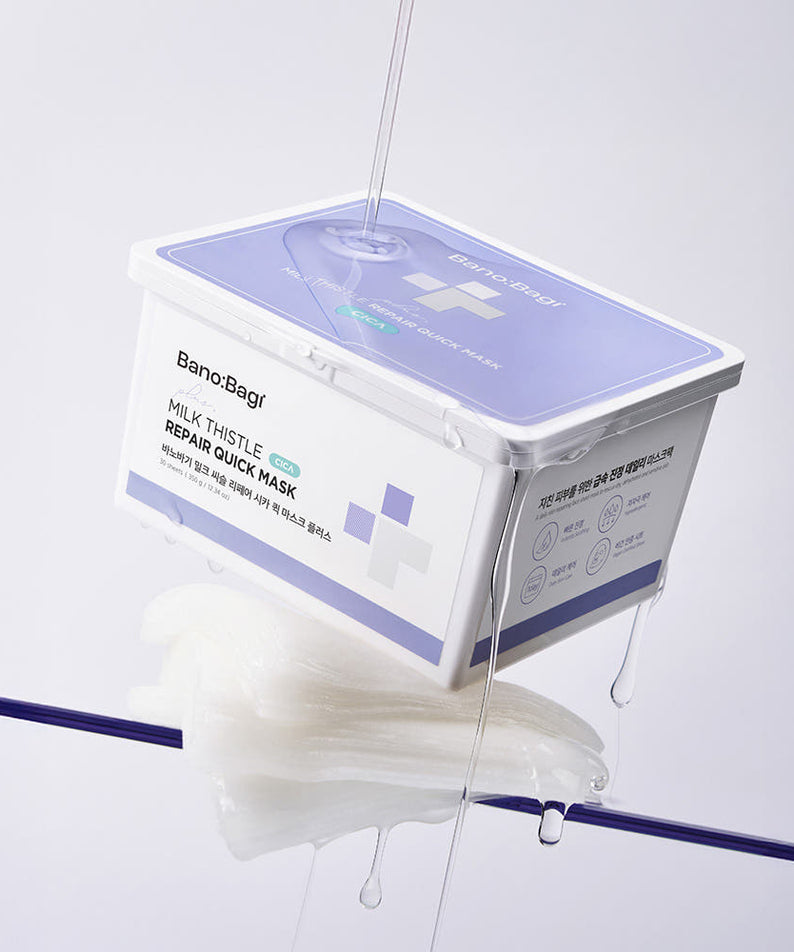 BANOBAGI Milk Thistle Repair Cica Quick Mask Plus+ 350g 30p, boîte et capsule de masque Cica sous lumière blanche.