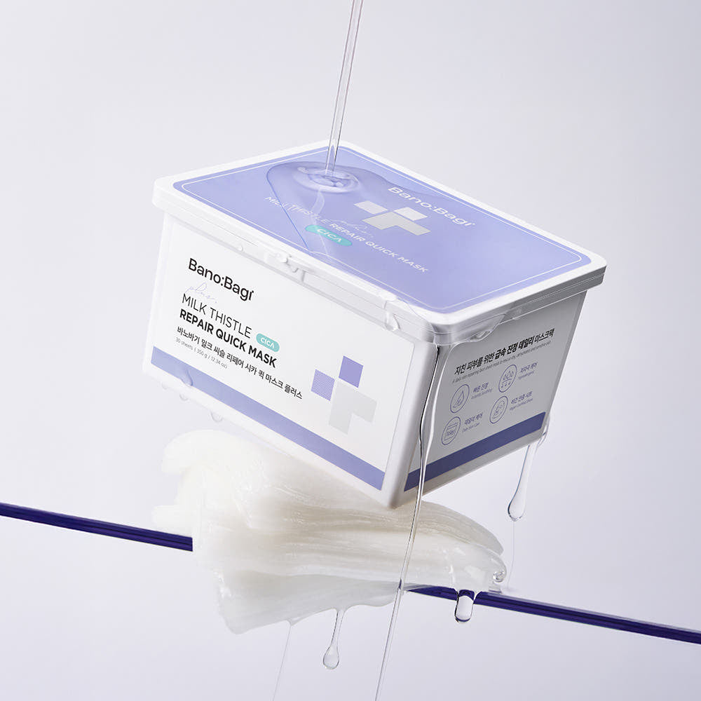 BANOBAGI Milk Thistle Repair Cica Quick Mask Plus+ 350g 30p, boîte et capsule de masque Cica sous lumière blanche.