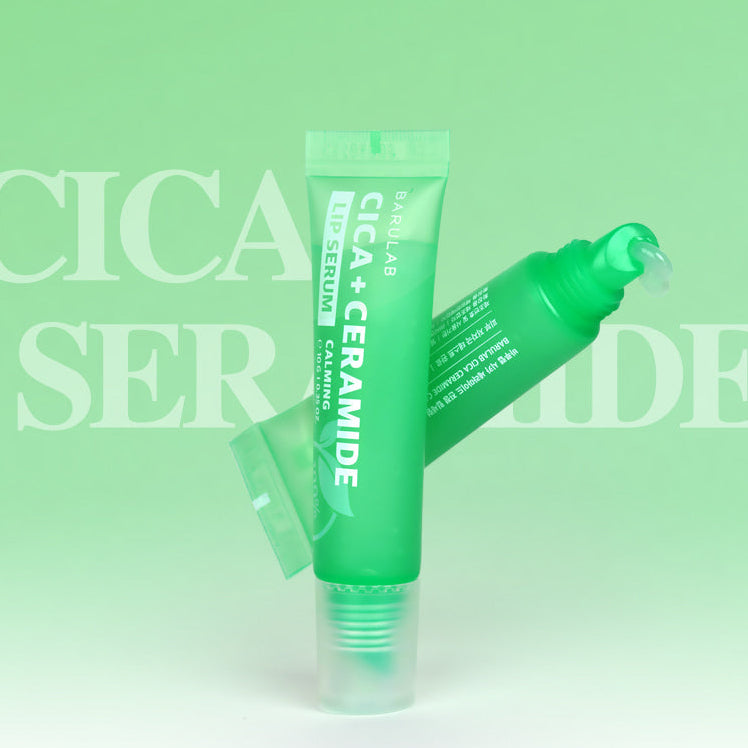 Décris l'image en français en mentionnant le produit, la marque et le contexte visuel : BARULAB Cica Ceramide Soothing Lip Serum 10g