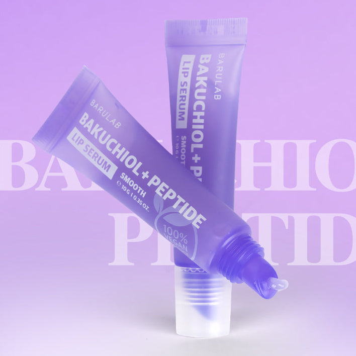 BARULAB Bakuchiol Peptide Smooth Lip Serum 10g de BARULAB, tube sur fond violet, visuel promo maquillage beauté