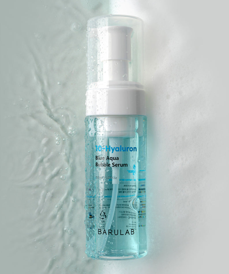 Sérum hydratant BARULAB  10-Hyaluronic Acid Blue Aqua Bubble Serum en bouteille, idéal pour peau éclatante et hydratée.