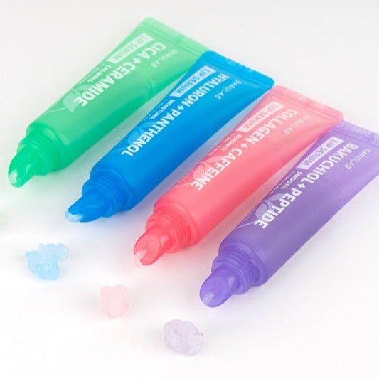 BARULAB Bakuchiol Peptide Smooth Lip Serum 10g, tubes multicolores sur fond clair, texture crème et contexte cosmétique