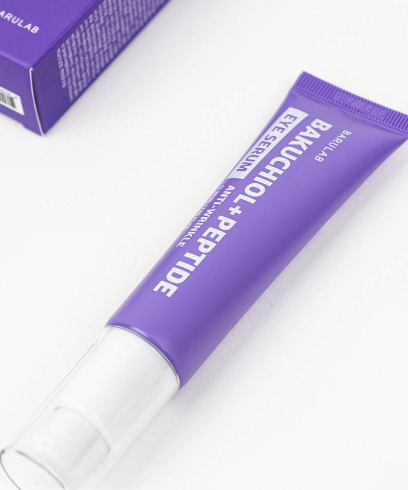 Sérum pour les yeux BARULAB Bakuchiol Peptide Wrinkle Eye Serum 30ml en tube violet, soin anti-rides puissant.