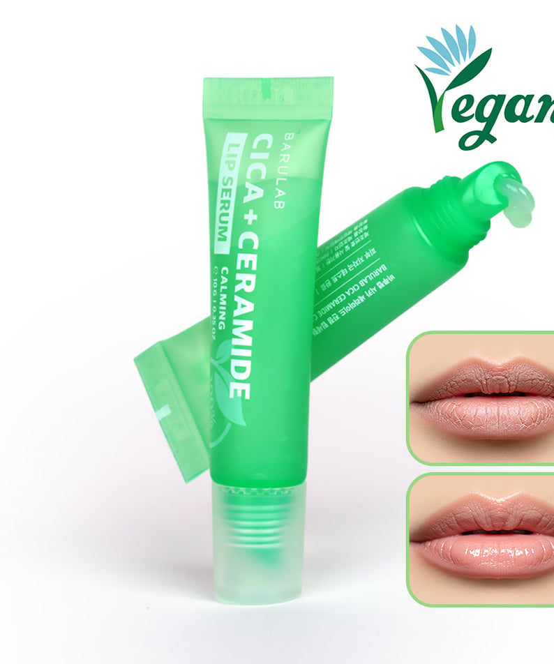 BARULAB Cica Ceramide Soothing Lip Serum 10g, tube vert apaisant sur fond blanc, visuels lèvres avant/après.